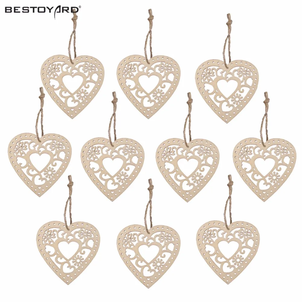 

10pcs Wooden Hollow Flower Hearts With String For Decorations Wood Craft Wooden Wedding Party Home Decoration Supplies