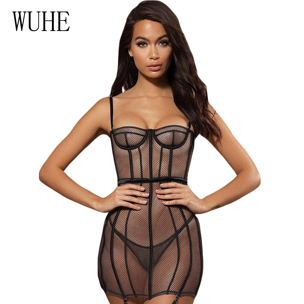 

WUHE Sexy Summer Hollow Out Bodycon See Though Mesh Spaghetti Strap Dress Party Club Wear Mini Bandage Dress Vestidos Robe Femme