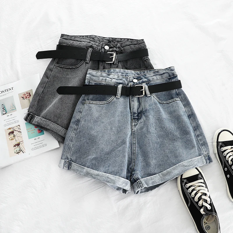 

Summer 2019 High Waist Denim Shorts For Women Sexy Loose Leg Casual Female Denim Shorts With Pocket Elegant Blue Gray Shorts