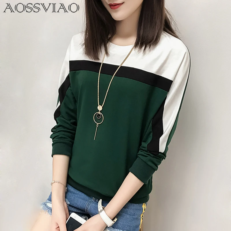 AOSSVIAO 2018 Autumn Winter Long Sleeve T shirt Women Tops Tshirt Women T-shirt O-neck Loose Cotton Tee Shirt Femme Plus Size