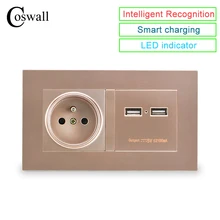 COSWALL Золотая настенная розетка 16А французский стандарт розетка с двойной usb-порт для зарядки для мобильных 5 в 2100ма ВЫХОД ПК панель