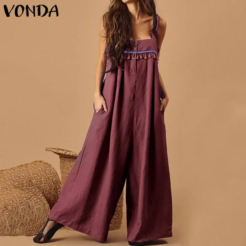 

VONDA Sleeveless Rompers Women Jumpsuits 2019 Summer Vintage Wide Leg Pants Sexy Tassel Playsuits Casual Trousers Plus Size