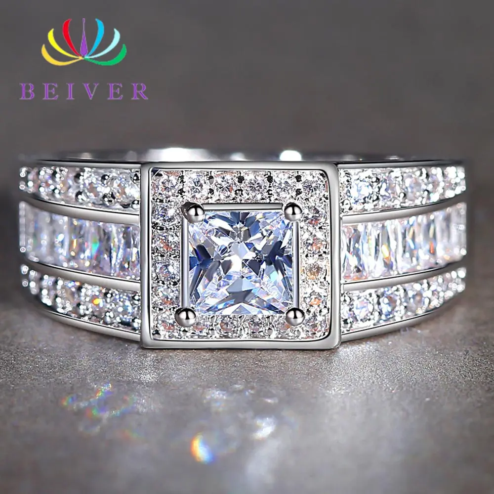 

Beiver 2019 New Arrivals White Gold Color Wedding Bands Rings for Women Luxury Clear Square AAA Cubic Zirconia Party Jewelry