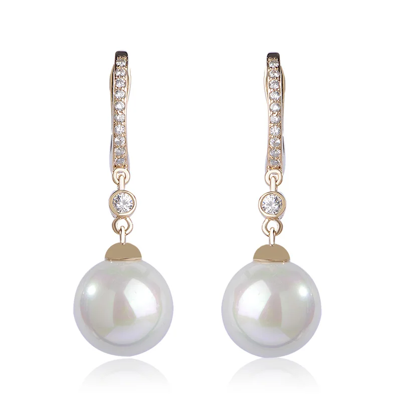 

New Design Exclusive Glossy Imitation Pearl Earrings Rhinestone Gold-color Natural Dangle Earrings Ear Hooks For Women Girl