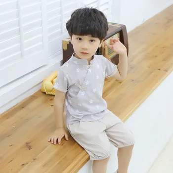 

Boys Chinese Tang Suit 2019 New Short Sleeve & Cotton And Linen Shorts 2pcs Tang Set Clothes Outfits Hanfu Dress Child SL1175