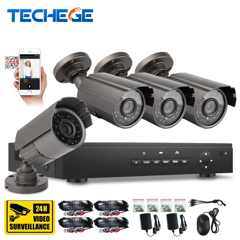 Techege 4CH 720P AHD DVR CCTV 1080p HDMI w 4pcs AHD 720P 1300TVL IR Weatherproof CCTV Camera Security System Surveillance Kits