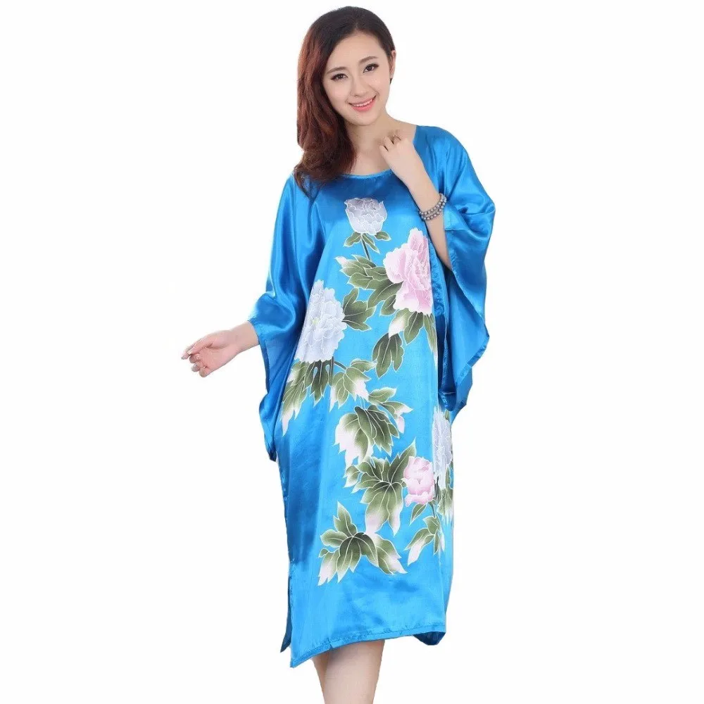 Free Shipping Blue Painting Chinese Women's Silk Gown Robe Nightgown