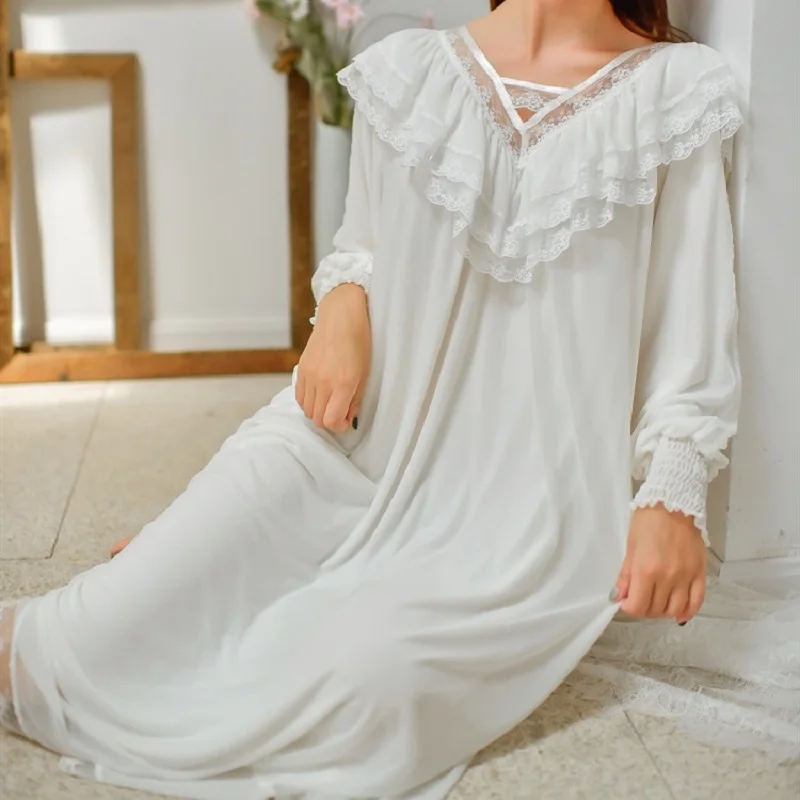 

Autumn Spring White Cotton Vintage Long Nightgowns Women's Elegant Princess Gauze Nightwear Loose Modal Sleepwear