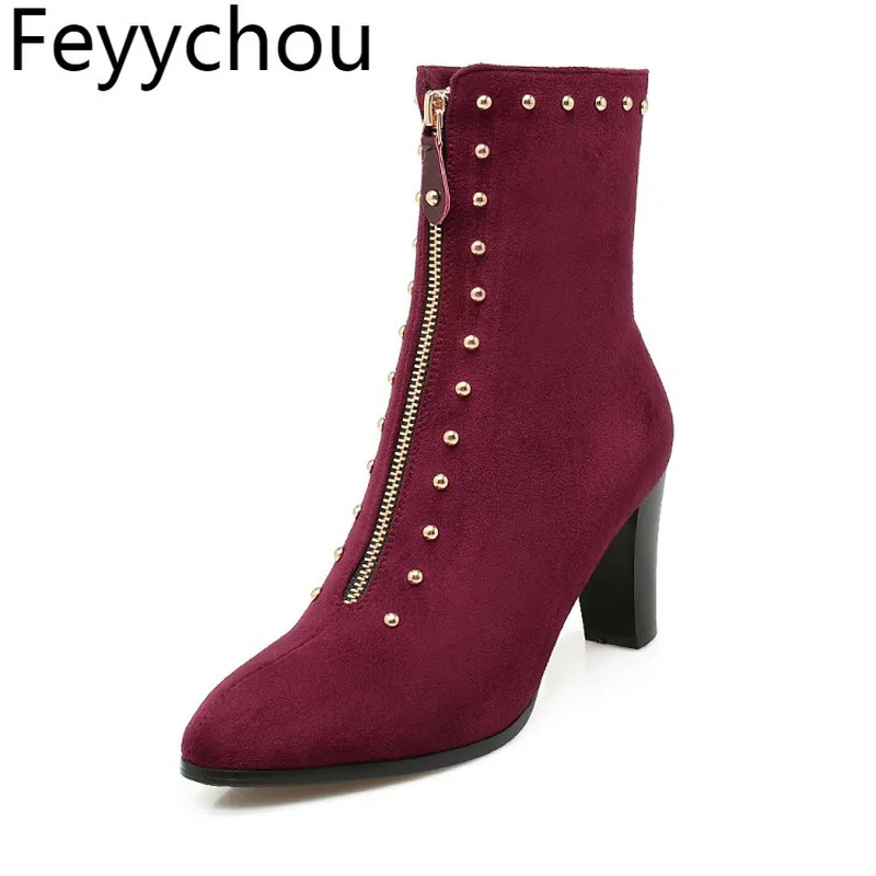 

Women Boots Winter Autumn Warm Flock Mid-calf Chelsea High Heels Pointed Toe Zip Rivet Motorcycle Shoe 2018 Sexy Red Black Gray