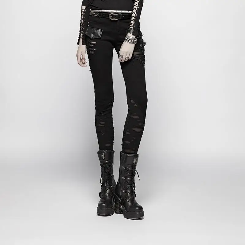

Punk Rave Women's Punk Ripped Skinny Pants With Skull Button OK344XCF