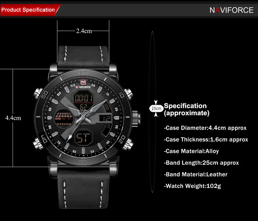 Мужские спортивные часы NAVIFORCE с кожаным ремешком, водонепроницаемые аналоговые цифровые часы, мужские кварцевые наручные часы с хронографом, мужские часы