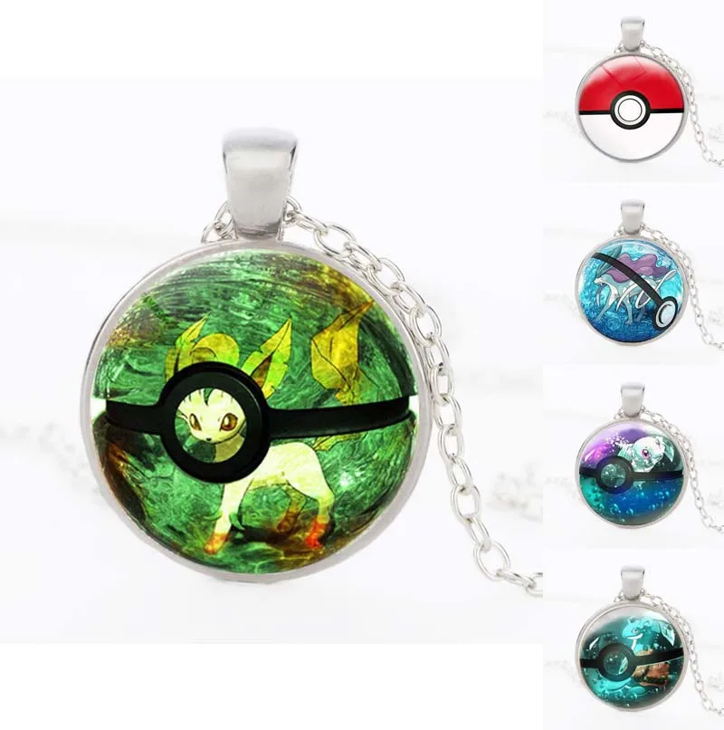 Pokemon Go Anime Jewelry with Silver Plated Glass Cabochon Pokemon Ball Monster Pattern Choker Long Pendant Necklace for Women
