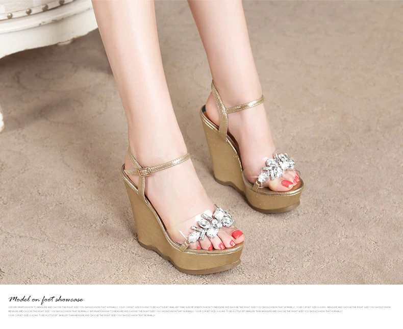 13_2016 New Gold Platform Wedges Sandals Female Summer Sandal Silver Heels Rhinestone Buckle Transparent Casual Shoes For Woman
