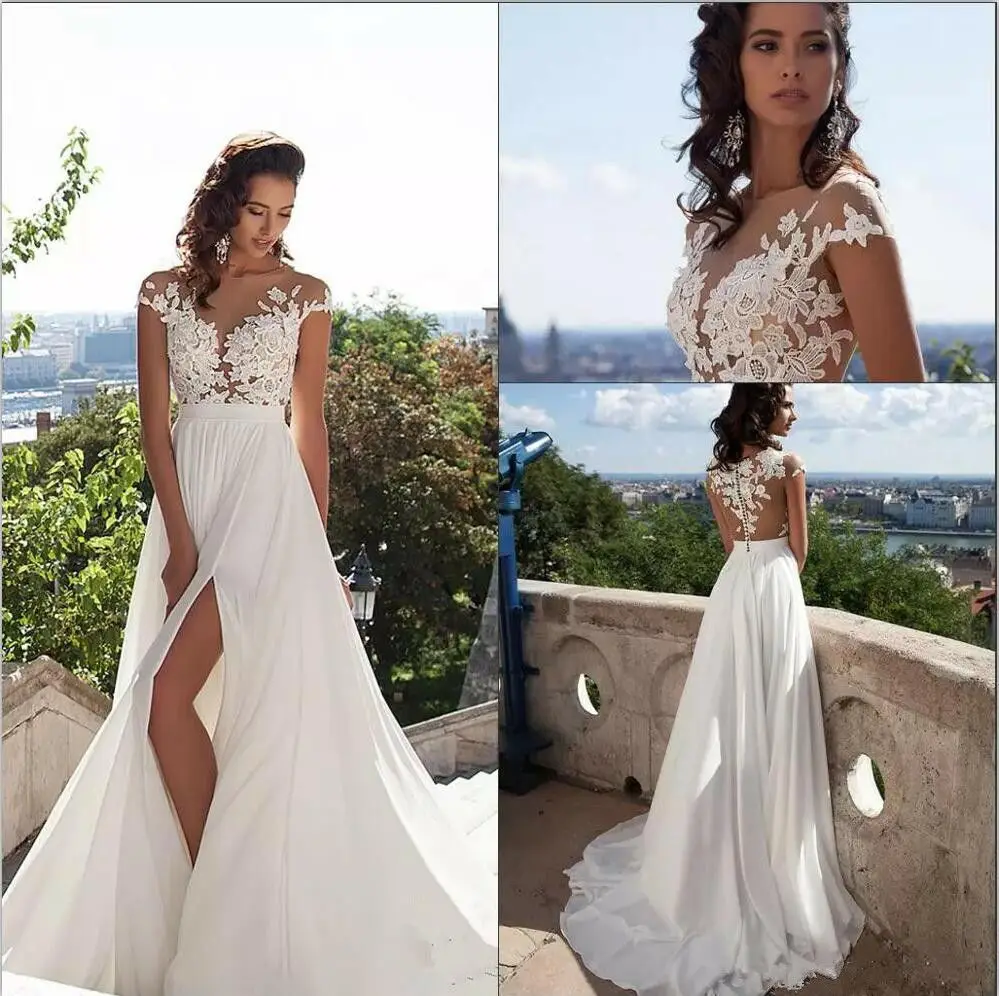 Praia 2017 Vestidos De Casamento A Linha с боковыми Elegante кружева Apliques шифон Свадебные платья Плюс Размеры свадьбы Vestidos De