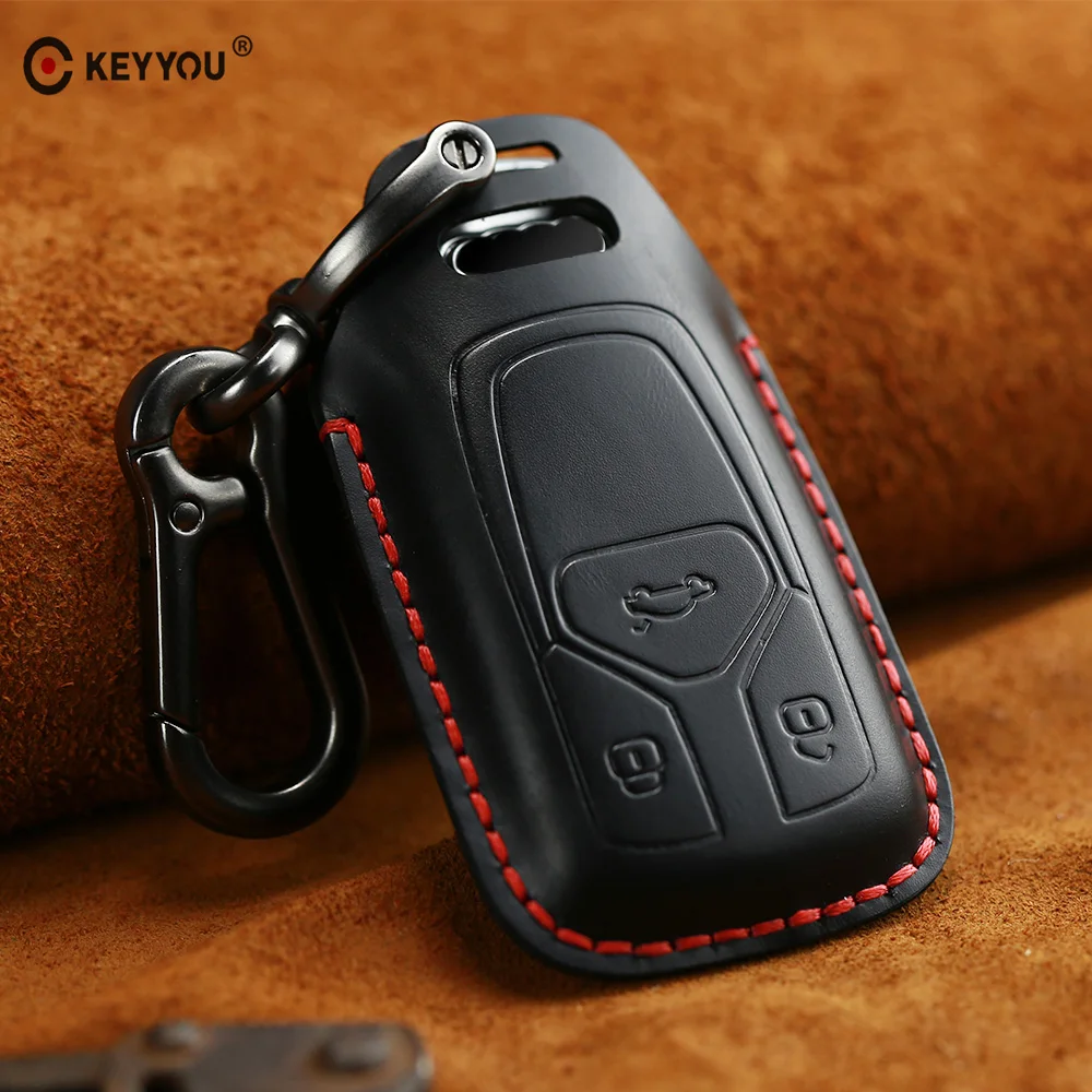 

KEYYOU Genuine Leather Car Key Cover Case For Audi Q7 A4L Q5L A5 2016 2017 2018 2019 With Keychain Key Cover Car Accessories