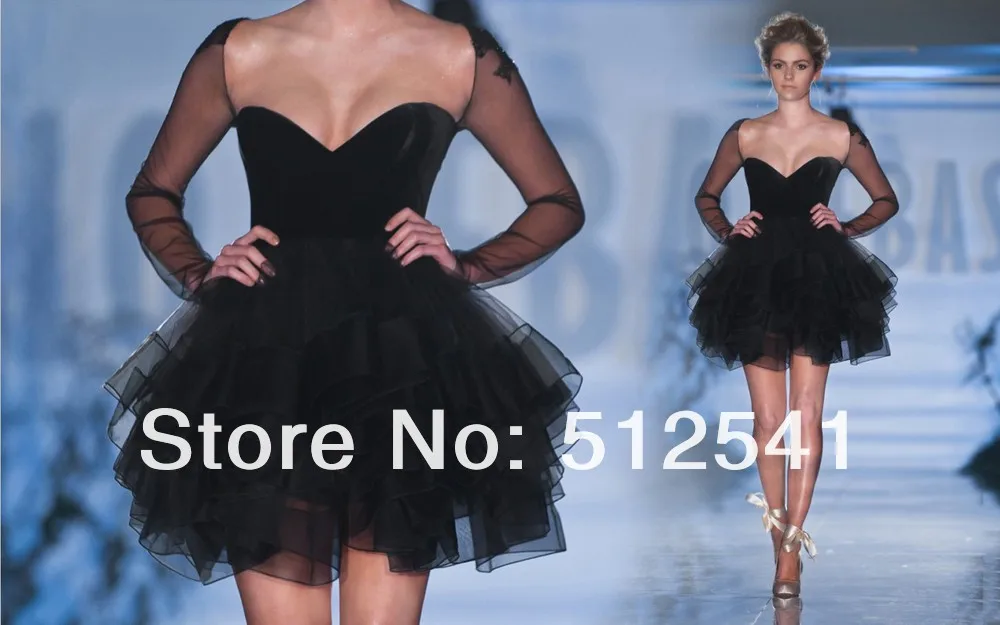

Long Sleeves Black Homecoming Dresses A Line Short Sweetheart Ruffle Organza Fashion Women Gowns yk8R002