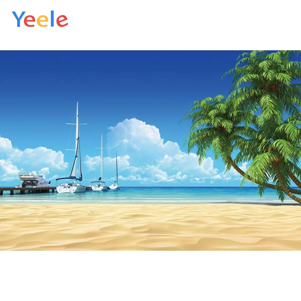 

Yeele Sky White Cloud Sea Beach Palm Tree Boat Summer Photography Backgrounds Customized Photographic Backdrops for Photo Studio