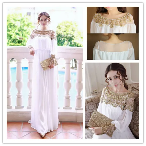 

Islamic Moslem long sleeve dresses vestido longos white chiffon Muslim party ballgown dress