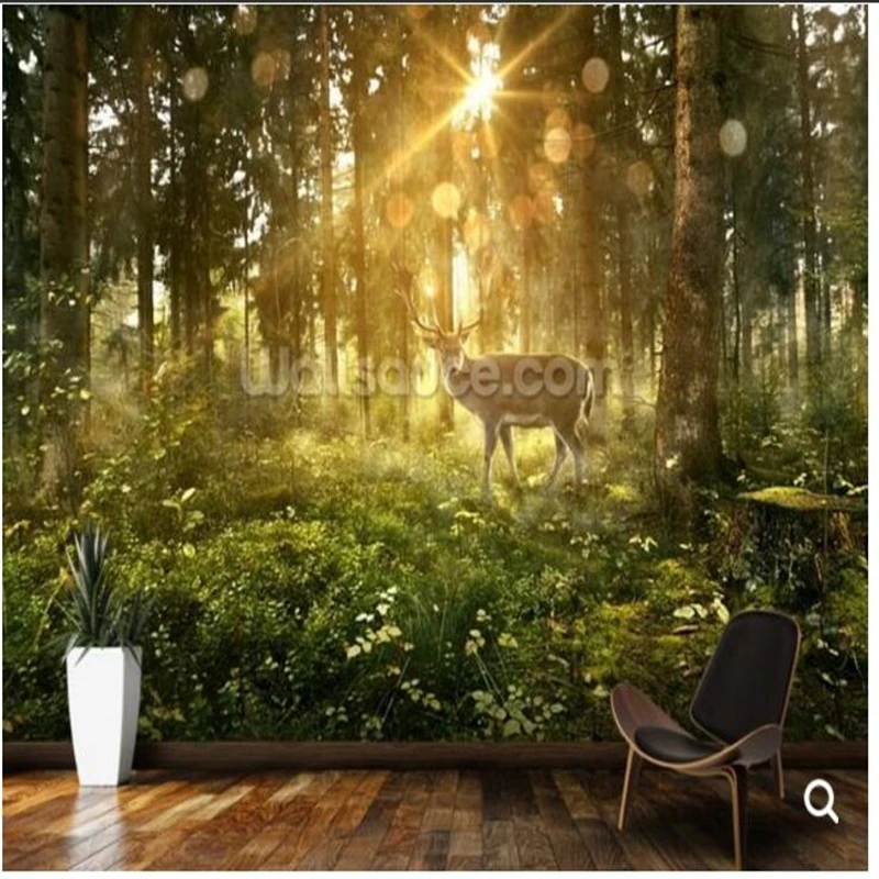Children's room wallpaper,Sun forest and deer ,natural