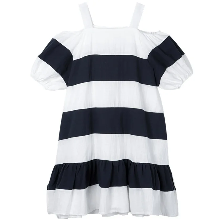 Slash Neck Stripes Bubble Sleeves Loose Dress