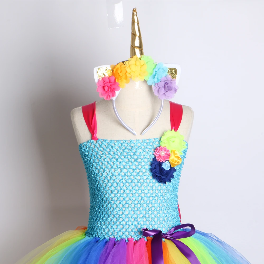 Радужное платье-пачка с единорогом для девочек; Тюлевое платье с цветами для маленьких девочек на день рождения; Детский костюм на Хэллоуин с пони и единорогом; От 2 до 12 лет
