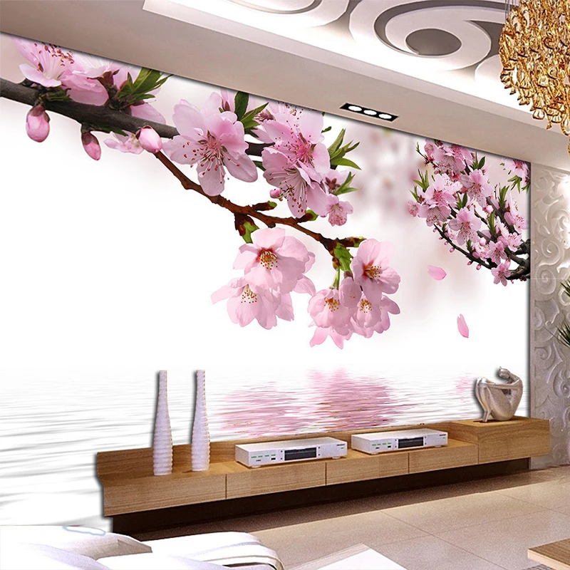 Peach Blossom Photo Mural Papéis de Parede Não Tecido Floral Romântico Reflexo Sala de Jantar Sala de Estar Decoração 3d