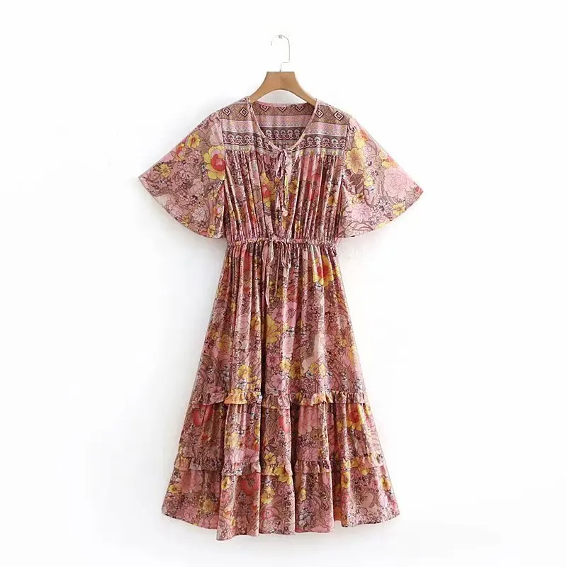 

2019 Bohemian Maxi Dress Women Summer Floral Print Beach Party Dresses Boho Robe Female Summer Party Sun Dress