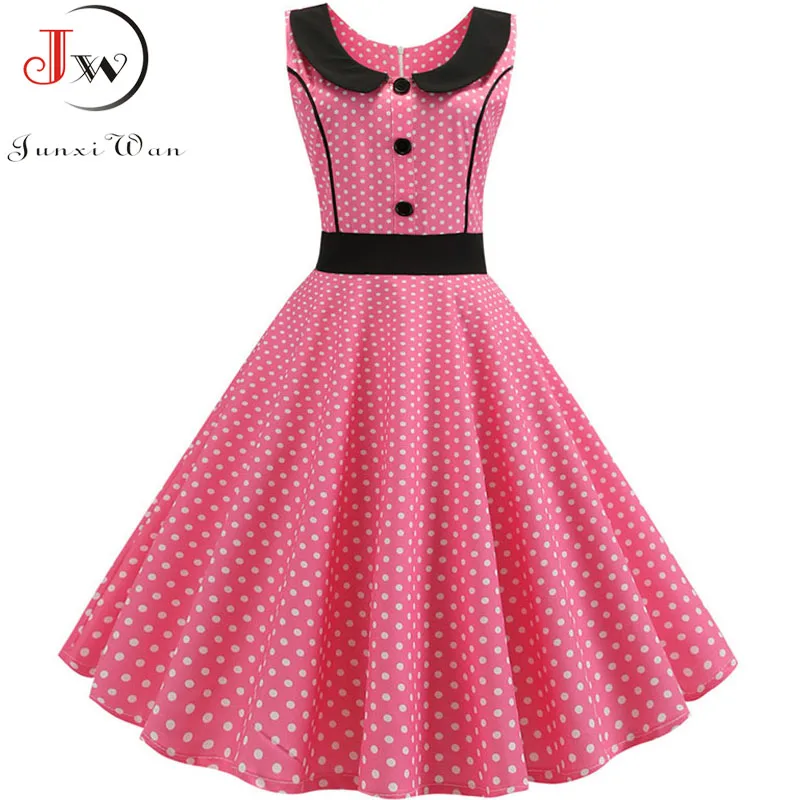 

2019 Summer Women Pink Polka Dot Elegant Party Dress Retro Vintage 50s 60s Pin Up Rockabilly Dress Plus Size Casual Robe Femme