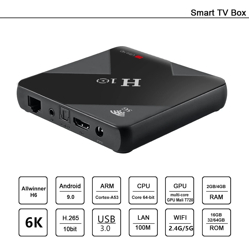 

H10 Smart TV Box Allwinner H6 Android 9.0 2.4G 5G WiFi USB 3.0 HDMI 2.0 Set Top Box Support 6K HDR H.265 4G+32G/64G Media Player