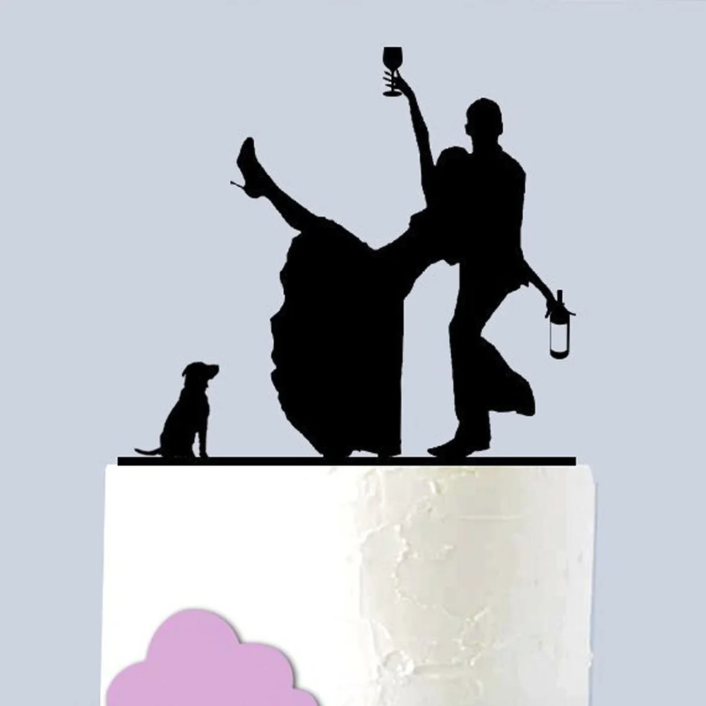 

Funny wedding cake topper, Color Acrylic Drunk Couple with Dog Silhouette Cake Topper,Bride and Groom Wedding cake topper