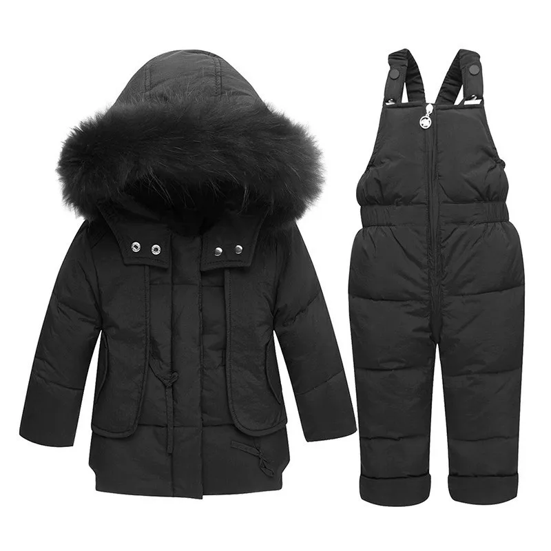 Комплекты зимней одежды для детей зимний костюм, куртка+ комбинезон, комплект из 2 предметов, пуховое пальто для маленьких мальчиков и девочек зимняя одежда для маленьких девочек - Цвет: Черный
