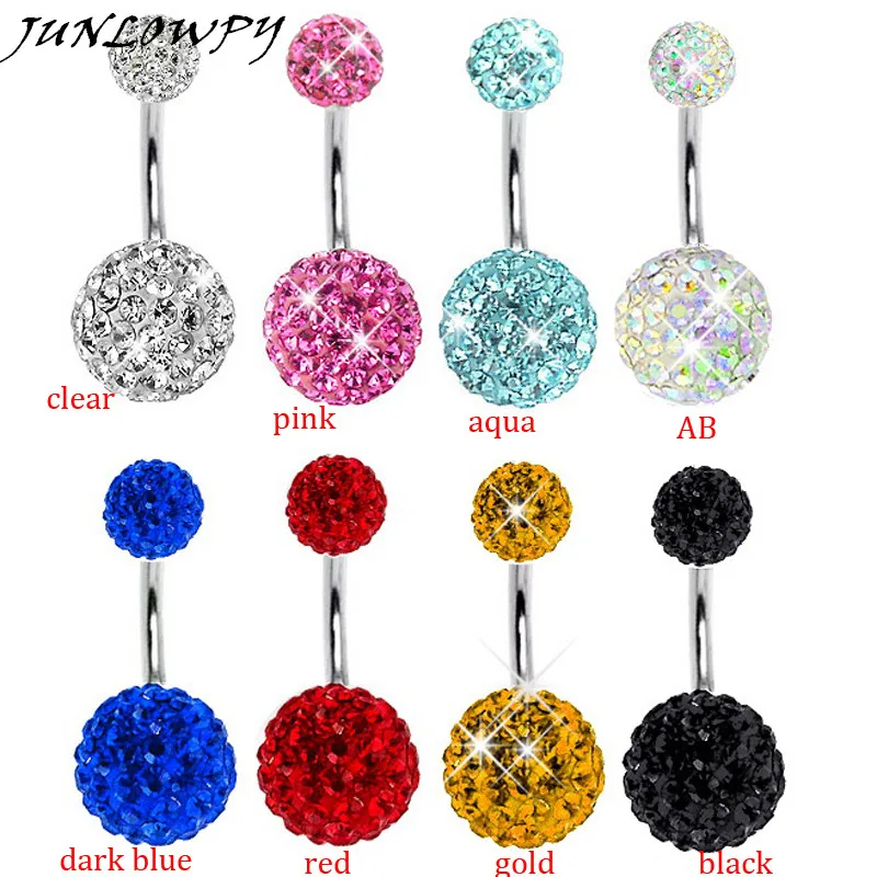

JUNLOWPY 1pcs Body Jewelry Navel Piercing Women Top Belly Rings Micro Pave Crystal Shamabala Balls Belly Button Rings