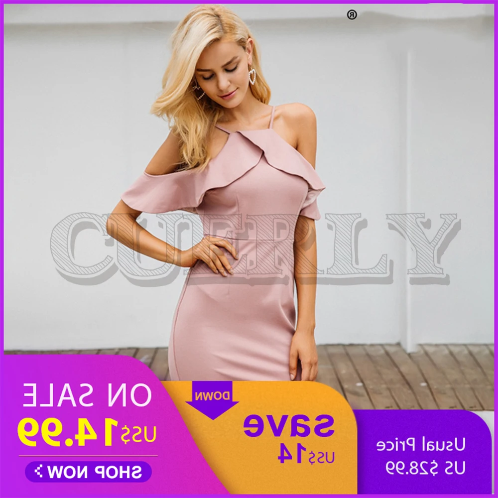 

CUERLY Ruffle cold shoulder party dresses women Sexy backless halter bodycon dress 2019 Spring elegant mini dresses vestidos