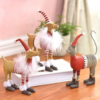 

Creative Puppy Kitten Elk Wearing Red Christmas Hat Home Decor Accessories Figurine Living Room Ornament Objects Office Gift