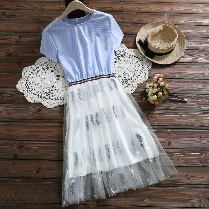 Японский Mori Girl летнее женское милое шикарное платье в синюю и розовую полоску с вышивкой, перьевое Сетчатое платье Элегантное милое платье из тюля Kawaii