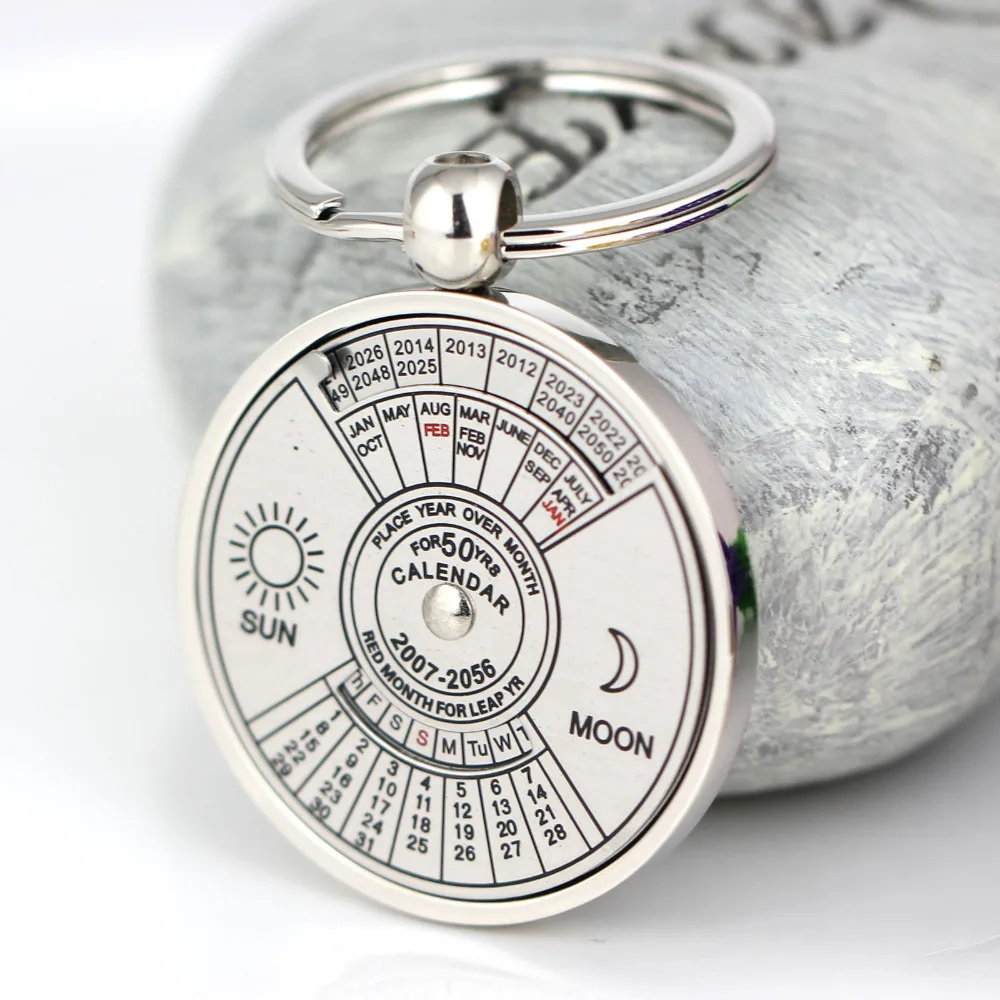 

Practical Calendar Keychain Creative 3D Fifty Years From 2007 To 2056 Sun and Moon Key Chain Ring Keyfob Keyring
