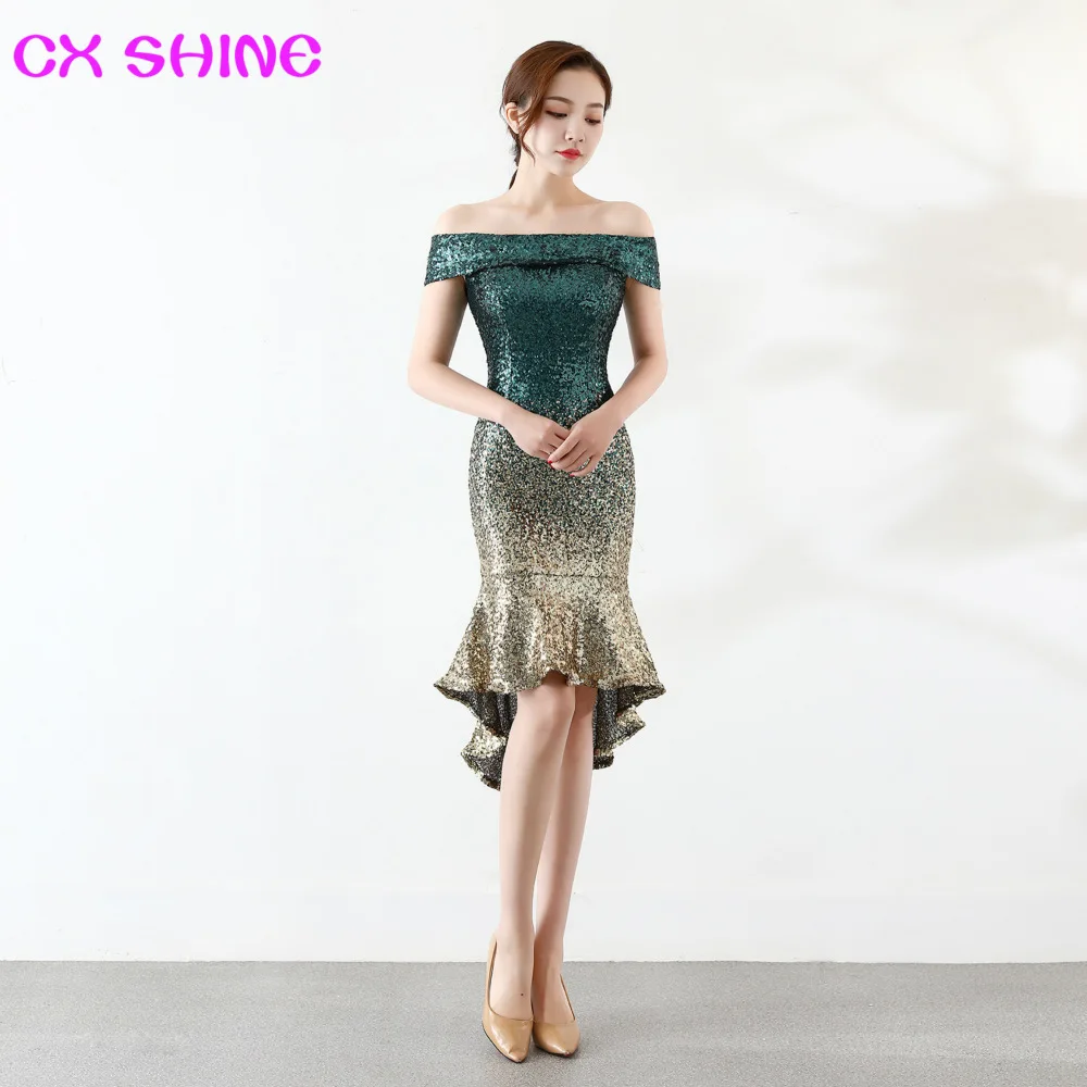 

Evening dresses CX SHINE Bling gold constrast color Short trumpet sequin short prom party dress robe de soiree Vestido