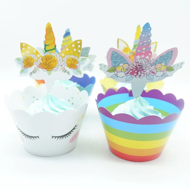 unicorn cup4 X 12set 12 шт. мультфильм животных обертки для кексов топперы Лев Слон Обезьяна Зебра торт чашки для именинного пирога Декор - Цвет: unicorn cup4 X 12set