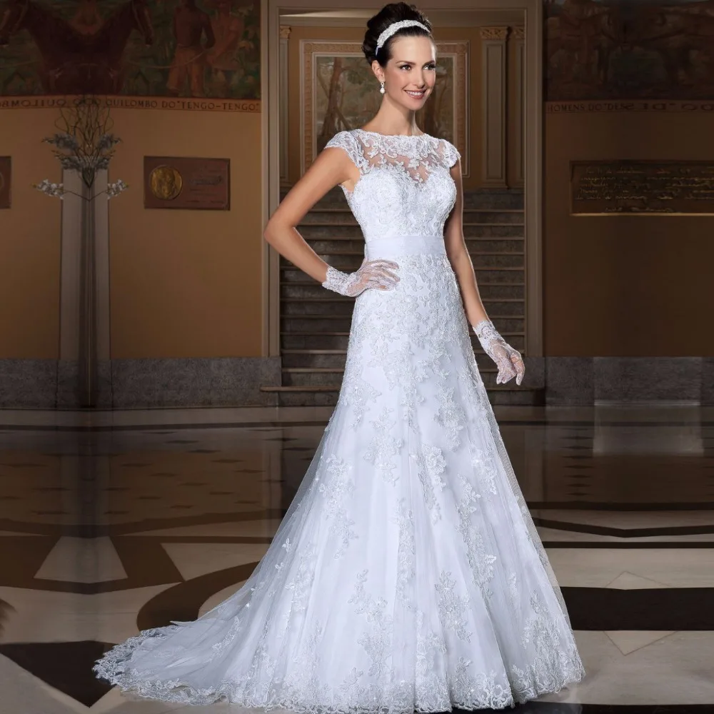 Мода О-Образным Вырезом Cap Рукавом Sheer Вернуться Botton Vestidos De Noiva Свадебное Платье Аппликации Кружева Свадебные Платья На Заказ