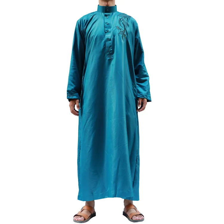 

New Men Long Sleeved Collar Arab Embroidered Thobe Islamic Robe