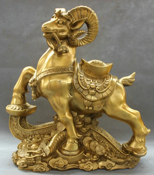 

S2341 16" Folk Chinese Brass Animals RuYi Wealth Coin YuanBao Zodiac Sheep Goat Statue D0318