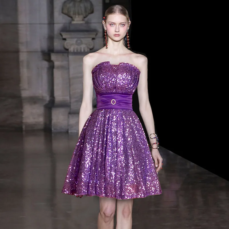 runway fashion designers 2019 purple mesh sequin dance dress evening