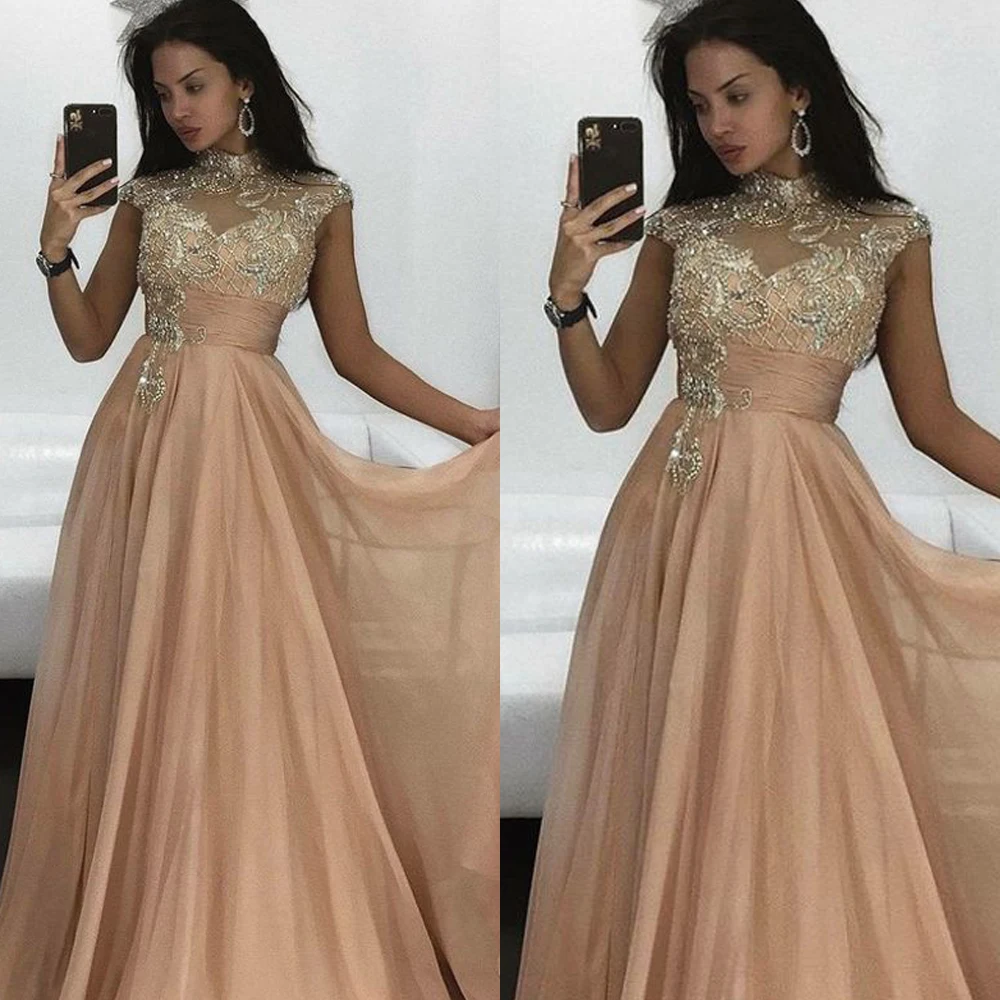 

prom dresses 2019 high neck crystal beading a line tulle champagne evening dresses beaded
