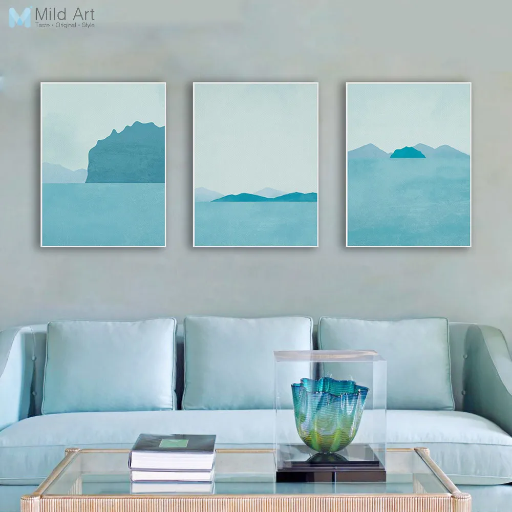 Triptych Modern Abstract Landscape Canvas A4 Art Print Poster Blue Beach Wall Pictures Living Room Home Decor Paintings No Frame | Дом и сад