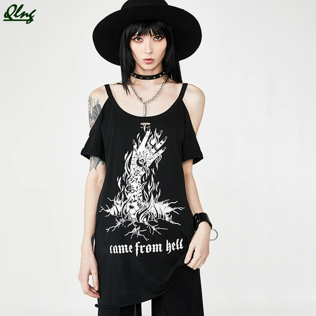 

Women Gothic Style Punk Black Retro Print Short Sleeve Off Shoulder Mini Summer Dress,Sexy Harajuku Punk