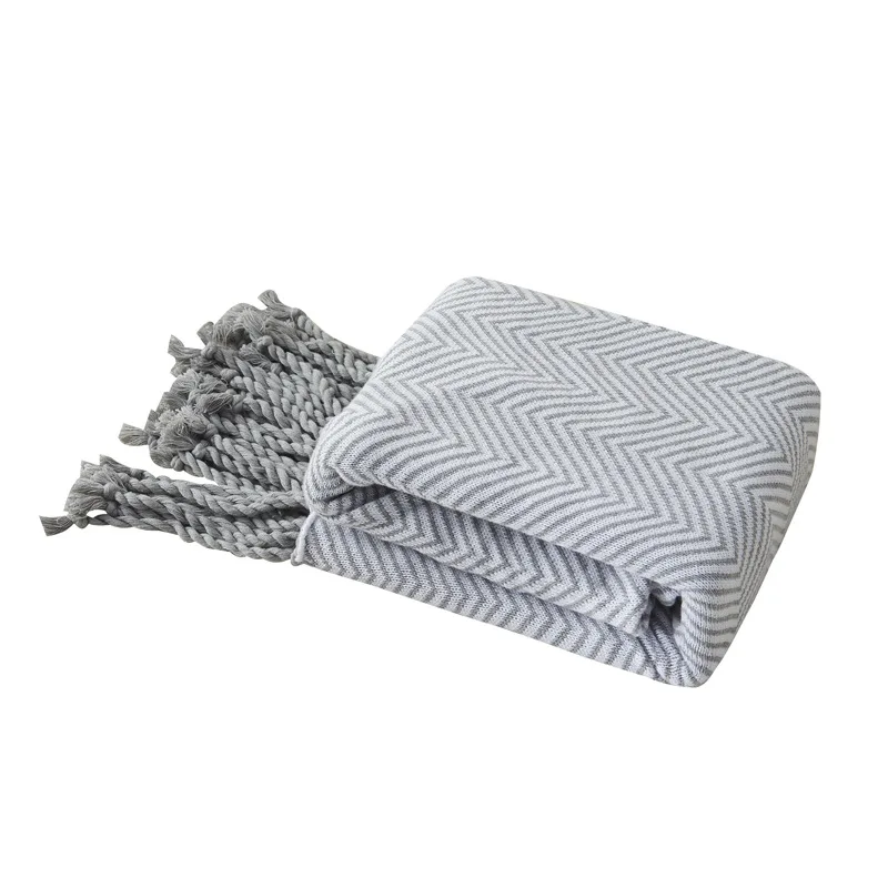 Junwell Хлопковое одеяло с геометрическими угловыми линиями, дизайнерское вязаное одеяло в елочку в полоску, Скандинавское большое одеяло для дома
