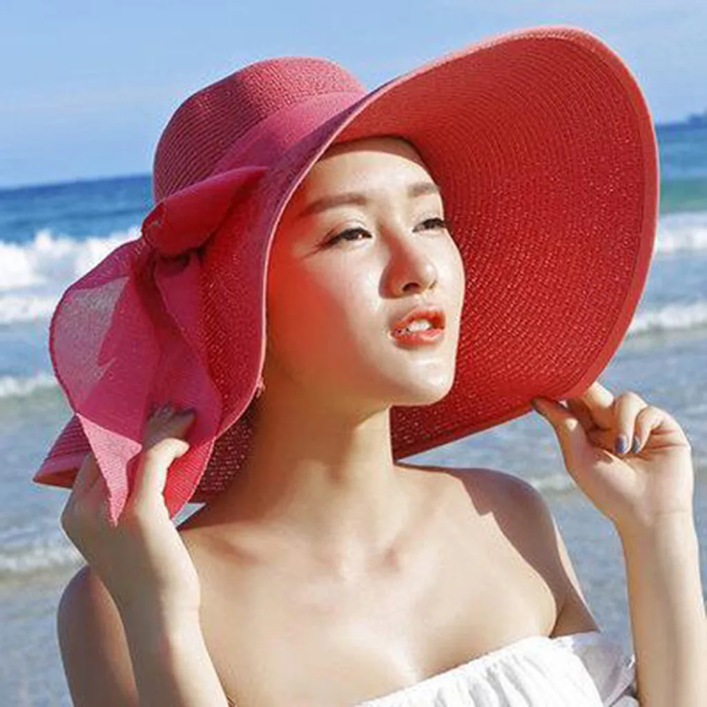 Женская соломенная шляпа с большими полями, широкополая шляпа от солнца, новинка, бант, складная пляжная женская шляпа, УФ защита, для путешествий* 1