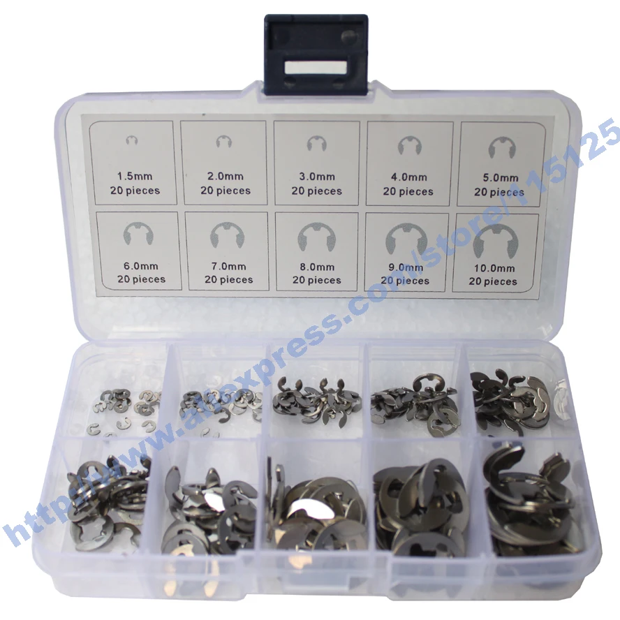 

200Pcs Stainless Steel E-Clip Assortment Kit 1.5 2 3 4 5 6 7 8 9 10 mm Circlip