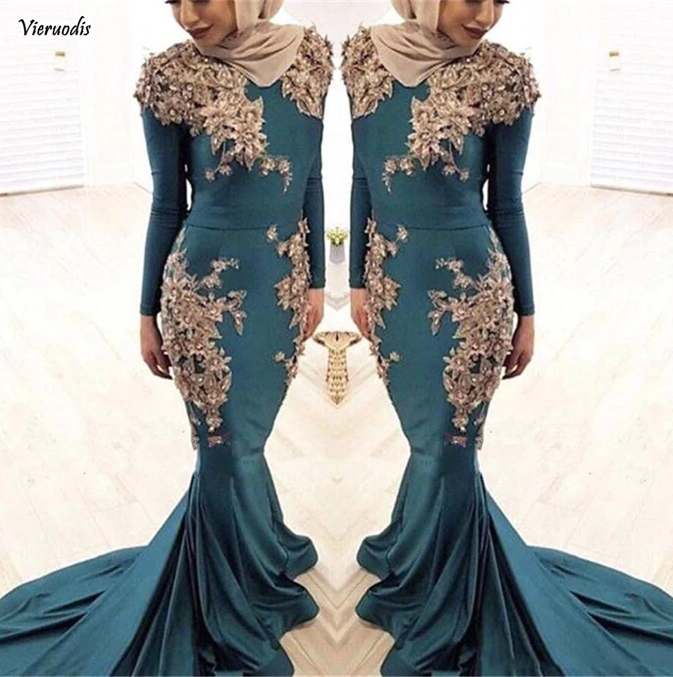 

2019 New Muslim Long Sleeves Mermaid Satin Evening Dresses Lace Appliques Rhinestone Plus Size Prom Dress Custom
