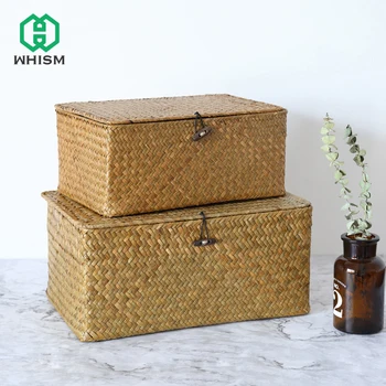 

WHISM Handmade Seagrass Woven Storage Box Finishing Basket Seaweed Storage Basket with Lid Sundry Bath Cosmetic Towel Container